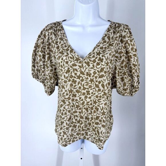 Madewell Tops - Madewell Floral Puff Sleeve Blouse | V-Neck Cream & Olive Top